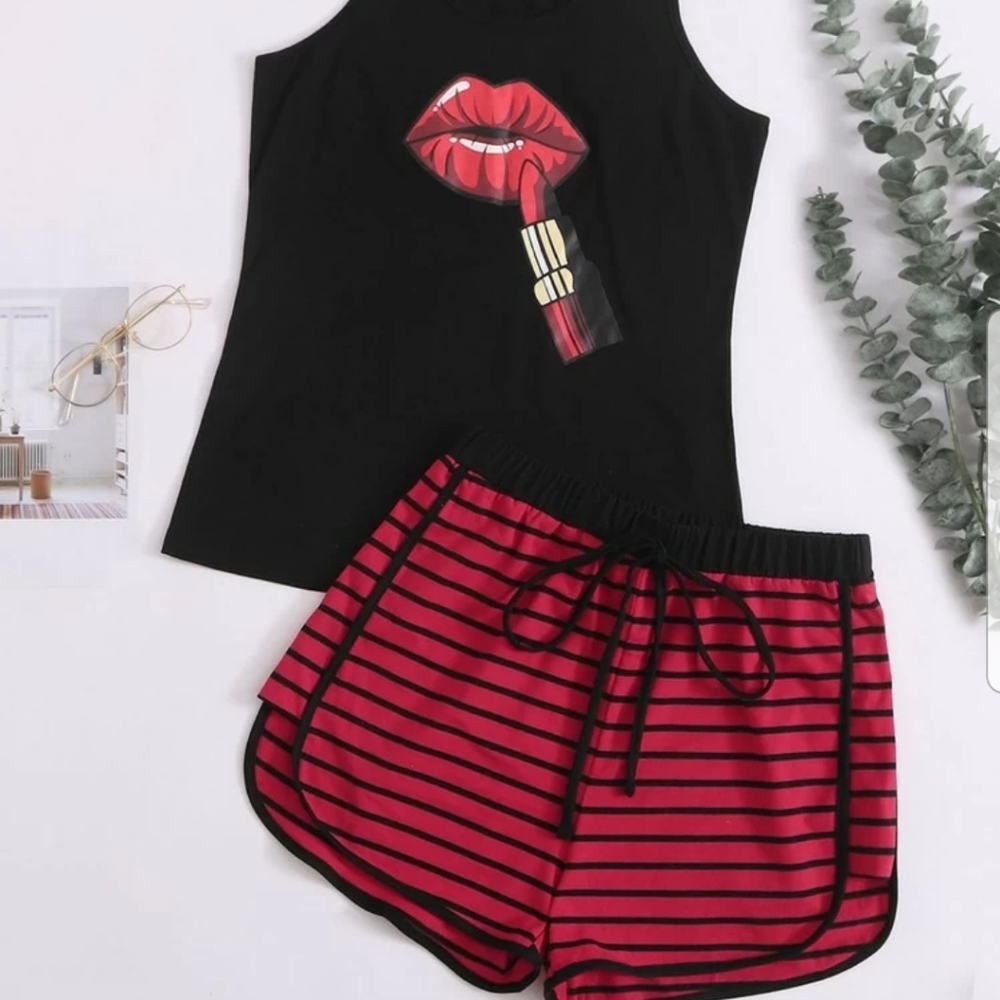 Red lips tank top and stripe shorts PJ set